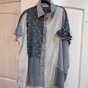 TALULAH Blue and White Patchwork Star Button-Up Dress